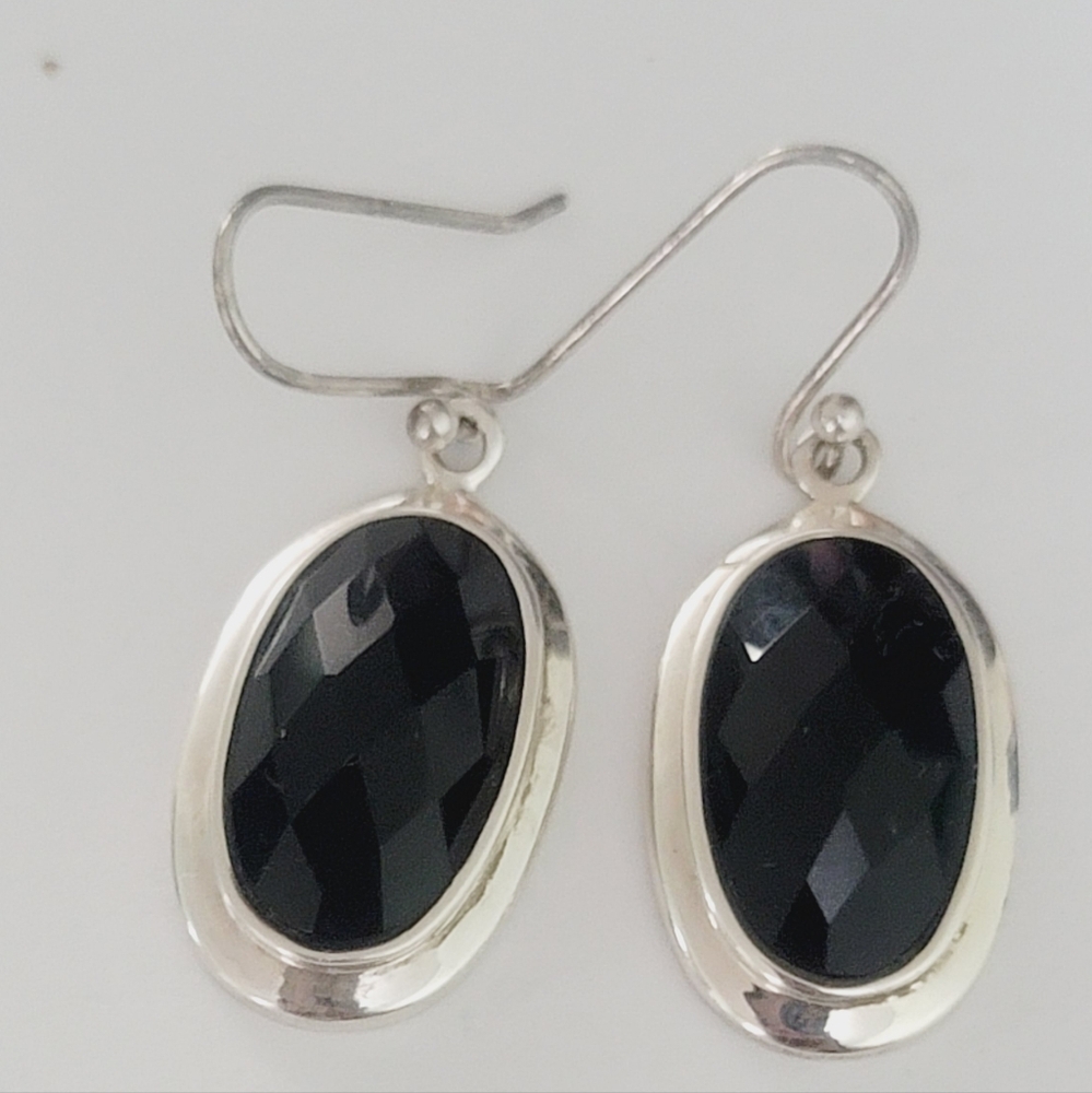 Vintage Thailand Sterling Silver & Faceted Black Onyx Dangle Earring